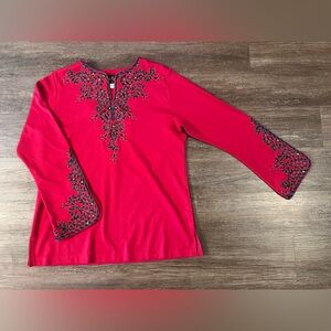 Bob Mackie Top Tunic Medium Red & Blue Embroidered Tunic Wearable Art V-neck F12